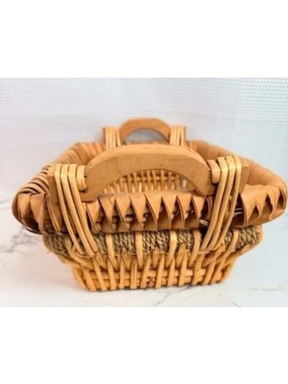 Vintage Hand Woven Splint Wood Porcupine Twist Gathering Basket Boho Rustic